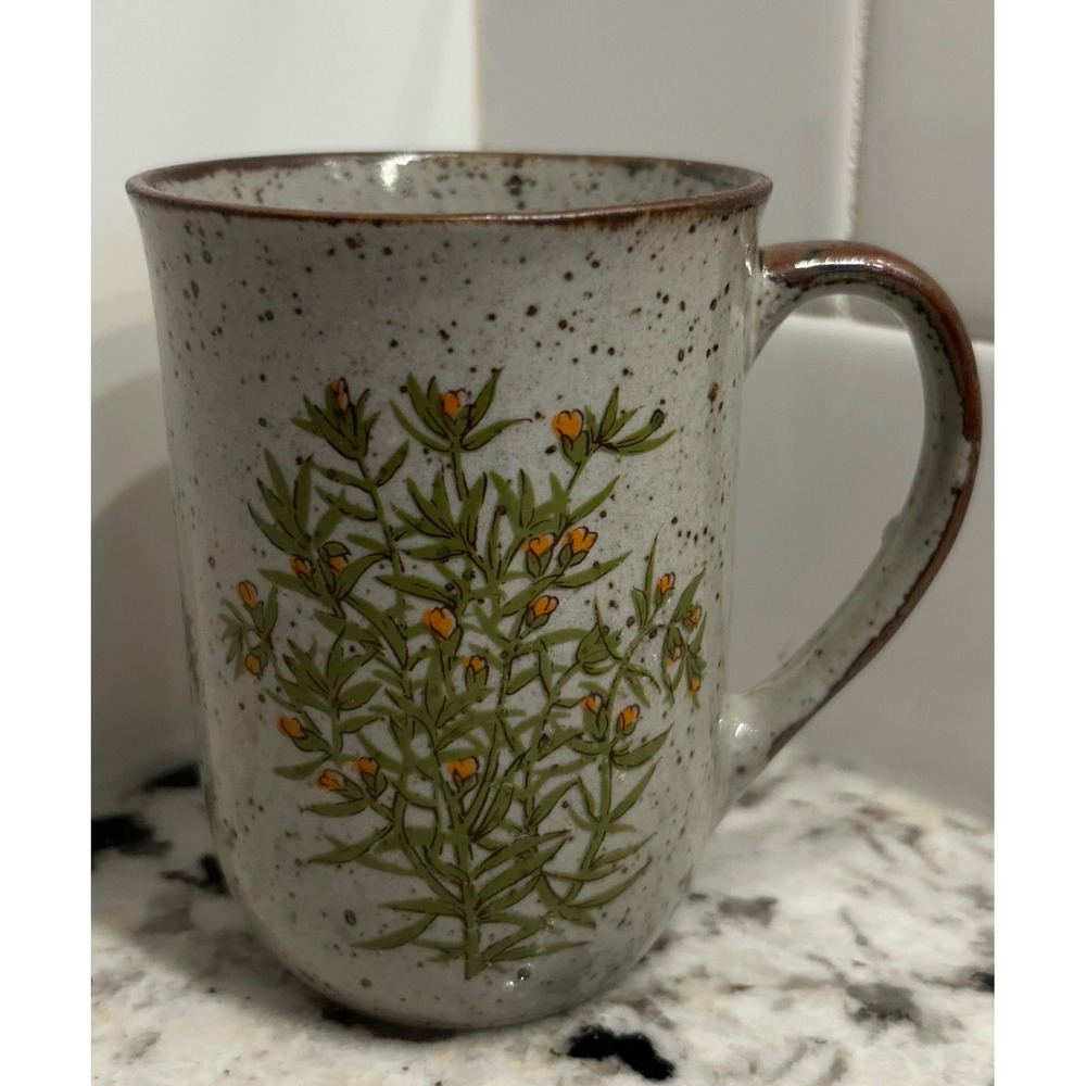 Vintage Takahashi Japan Speckled Stoneware Floral Coffee Mug Boho Botanical